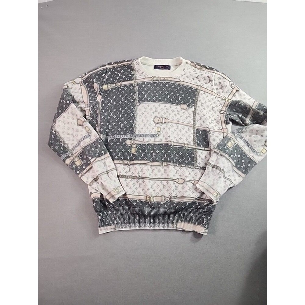 Designer-Style Monogram Print Crewneck Sweater Belt Pattern Knit Top Size S - Picture 2 of 8